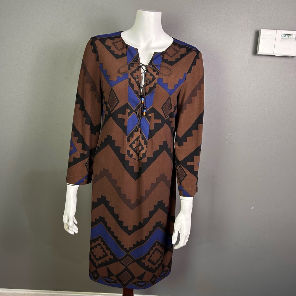 Morgan McFeeters dress size 10 brown southwestern blanket lace up beaded western